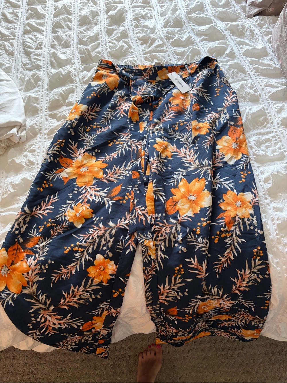 Francesca's Collections Navy Wide Leg Pants with Orange Floral Print